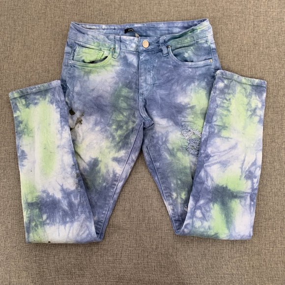 Unique Mens Embellish Tie Dye Jeans Distressed Ripped 30 Cotton Spandex Blue - Picture 1 of 16